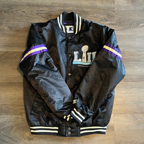 Starter Super Bowl LII Jacket Mens M 2018 Minnesota Black Satin Limited Ed - Picture 2 of 6